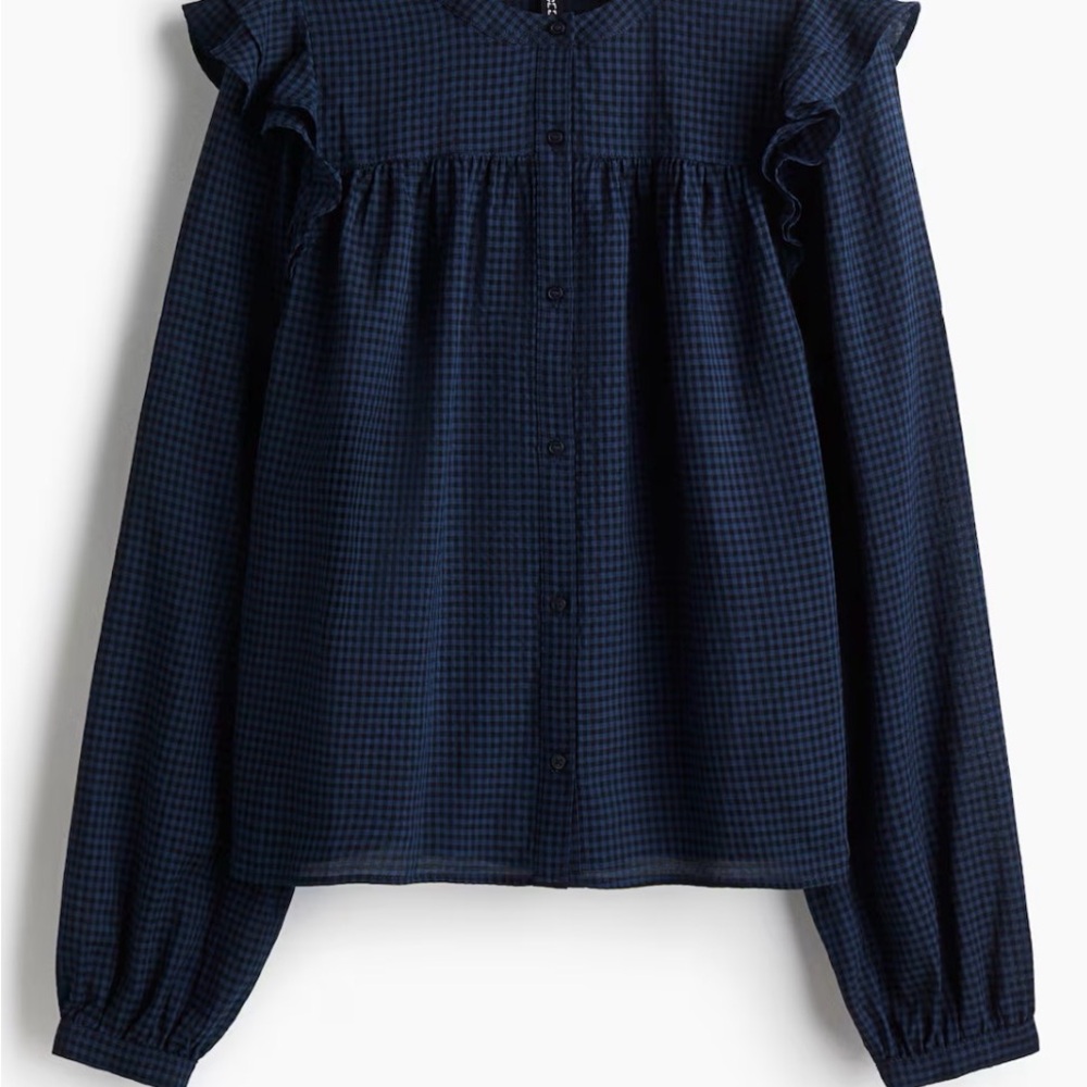 H&M Navy Gingham Ruffle Shoulder Button-Up Blouse XL - Picture 9 of 9